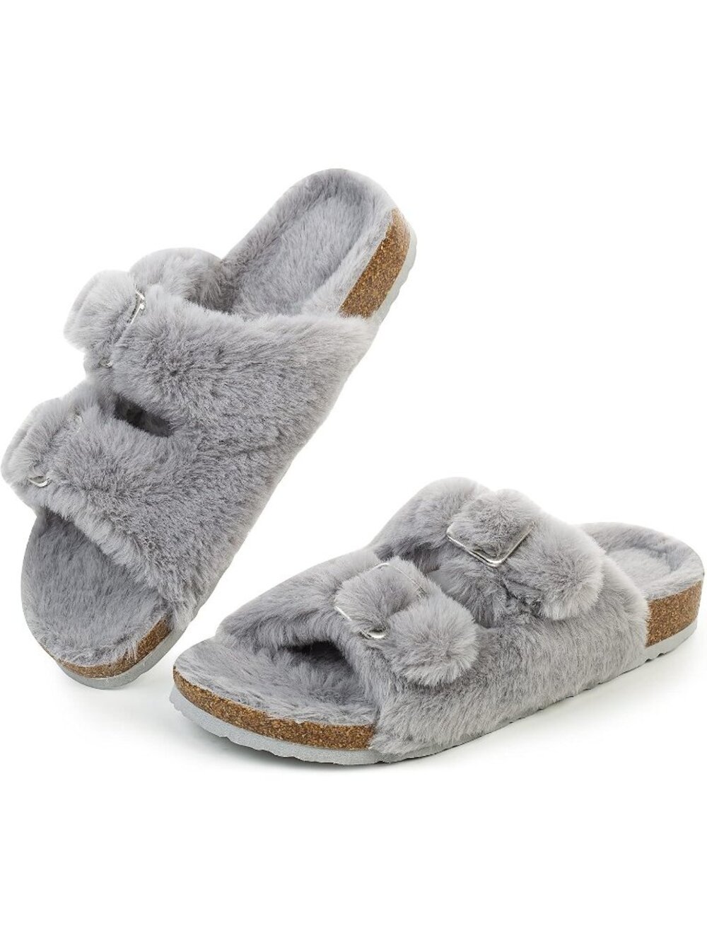 Women's Grey Lightweight Open Toe Comfy Faux Rabbit Fur Elastic Straps Slippers